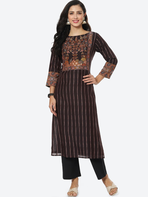 

Meena Bazaar Women Black & Brown Printed Chanderi Silk Kurta With Trousers