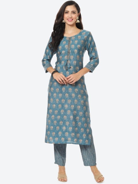 

Meena Bazaar Women Blue Floral Printed Kurta with Trousers