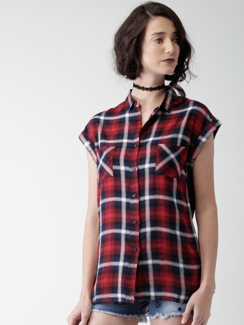 

LOVE GEN Women Red & Navy Checked Shirt, Navy blue