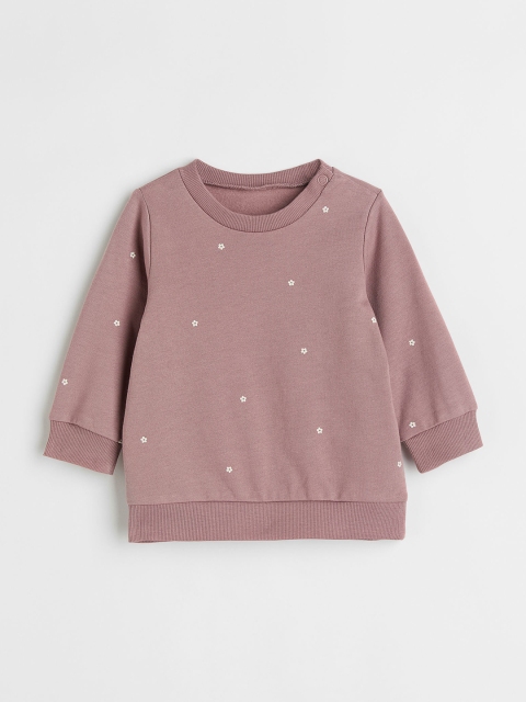 

H&M Girls Peach Colored & White Solid Round Neck Cotton Sweatshirt