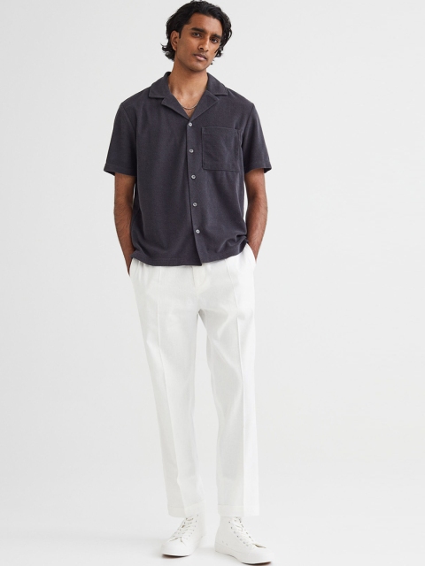 

H&M Men White Regular Fit Cropped Linen-Blend Joggers