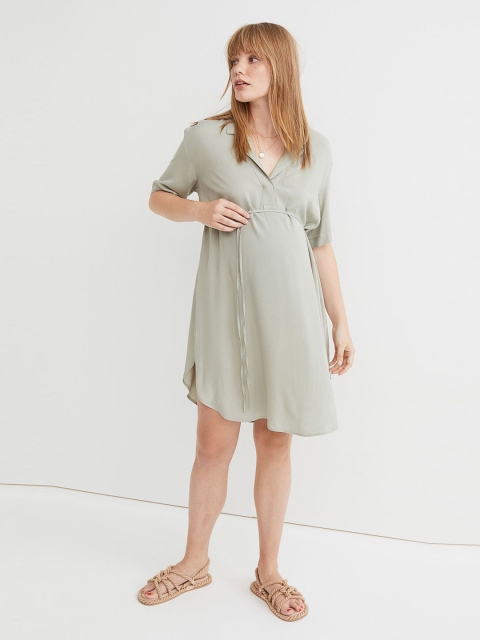 

H&M Women Sage Green Maternity MAMA Tie-Belt Dress