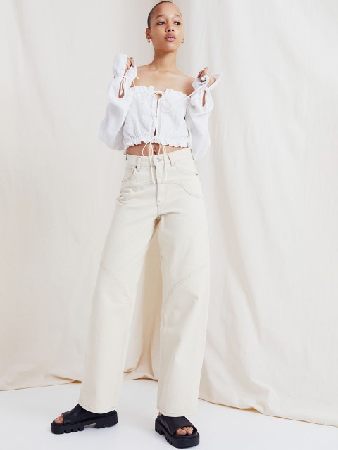 

H&M Women Beige Solid Loose Straight Jeans