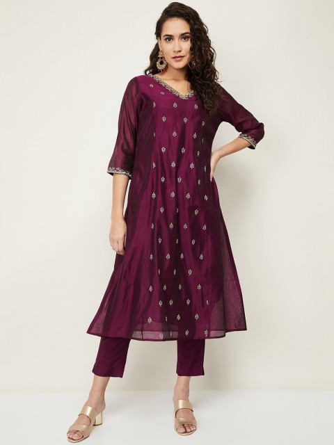 

Melange by Lifestyle Women Burgundy Embroidered Thread Work Kurta with Trousers & With Dupatta