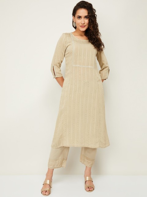 

Melange by Lifestyle Women Beige Striped Sequinned Kurta with Trousers