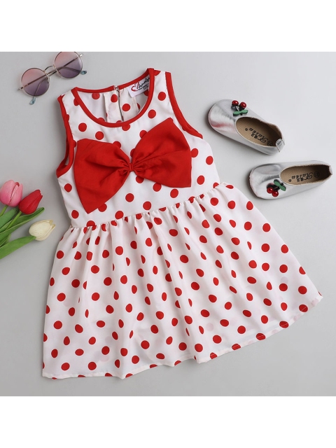 

Hopscotch Girls White & Red Polka Dots Printed Pure Cotton Bow Fit & Flare Dress