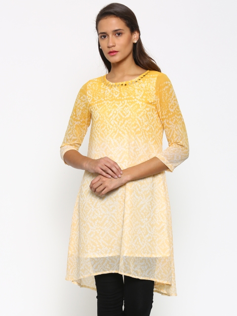 

Fusion Beats Women Yellow Printed A-Line High-Low Hem Kurta