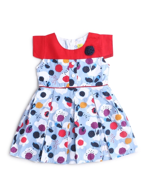 

Hopscotch Girls Blue & Red Floral Printed Pure Cotton Fit & Flare Dress