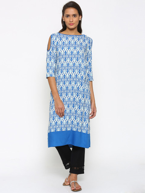 

Fusion Beats Women Off-White & Blue Printed Straight Kurta