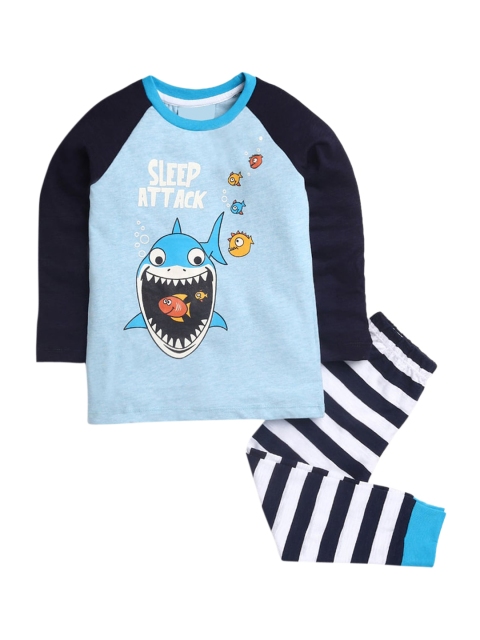 

Hopscotch Boys Blue & White Cotton Full Sleeves Printed Night suit
