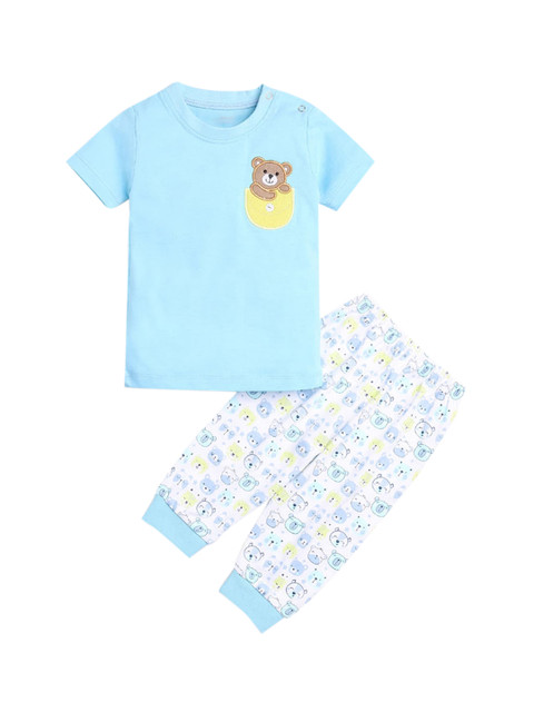 

Hopscotch Boys Blue & White Printed Pure Cotton Night suit