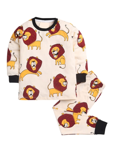 

Hopscotch Boys Off White & Brown Printed Pure Cotton Night suit