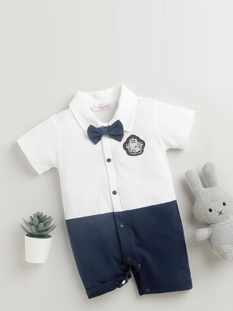 

Hopscotch Boys White & Navy Blue Solid Pure Cotton Rompers With Bow