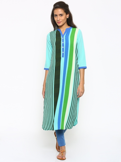 

Fusion Beats Women Green Striped Straight Kurta