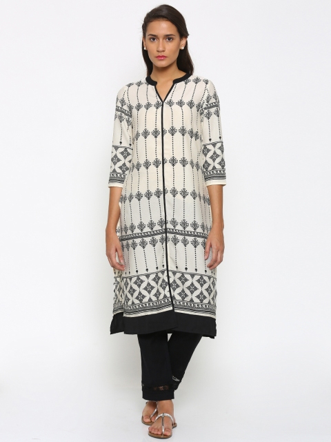 

Fusion Beats Women Off-White & Black Printed A-Line Kurta