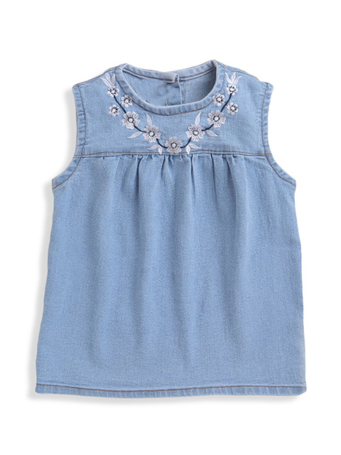 

Hopscotch Girls Blue Floral Embroidered Denim T-shirt