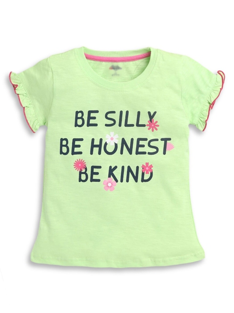 

Hopscotch Girls Green Typography Printed T-shirt