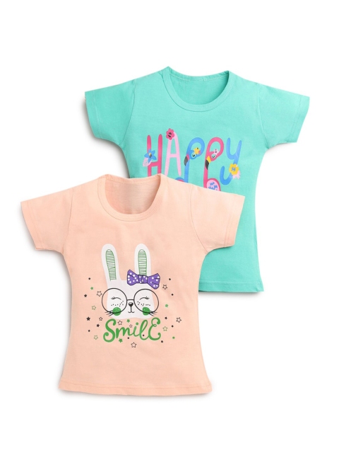 

Hopscotch Girls Pink & Turquoise Blue Set Of 2 Printed Pure Cotton T-shirt