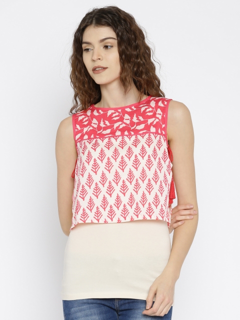 

Fusion Beats Women Off-White & Coral Pink Printed Layered Top