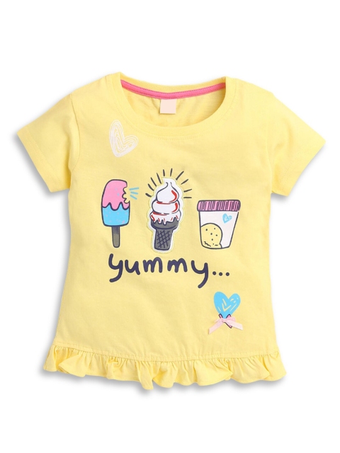 

Hopscotch Girls Yellow Graphic Printed Pure Cotton T-shirt