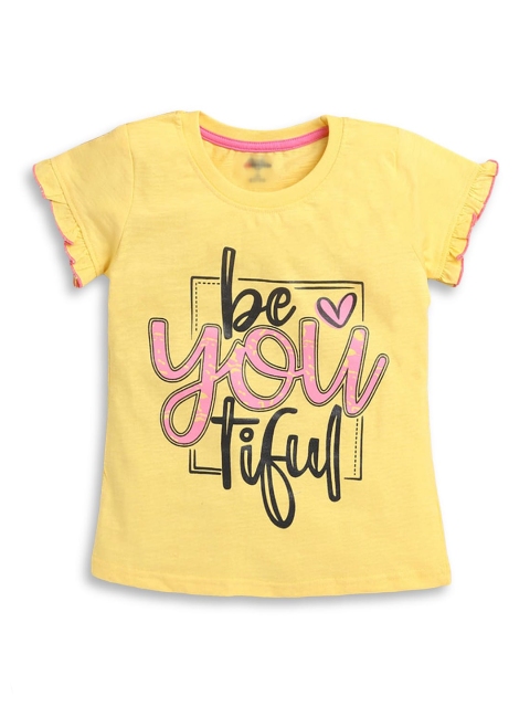

Hopscotch Girls Yellow Typography Printed Puff Sleeves T-shirt