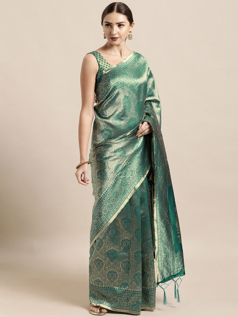 

KALINI Green & Gold-Toned Ethnic Motifs Zari Silk Blend Banarasi Saree