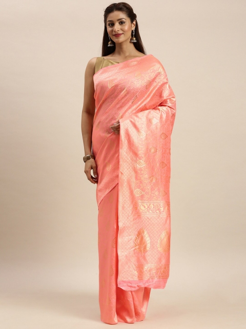 

KALINI Peach-Coloured & Gold-Toned Ethnic Motifs Zari Banarasi Saree