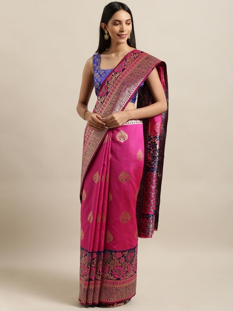 

KALINI Pink & Navy Blue Woven Design Zari Silk Blend Banarasi Saree