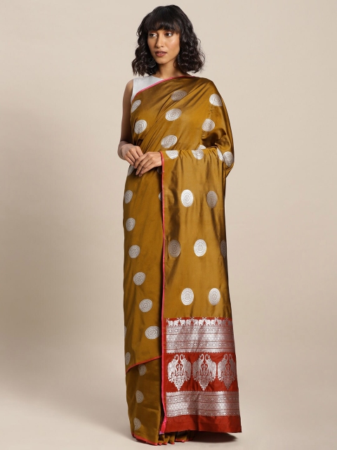

KALINI Mustard & Silver-Toned Ethnic Motifs Zari Silk Blend Banarasi Saree