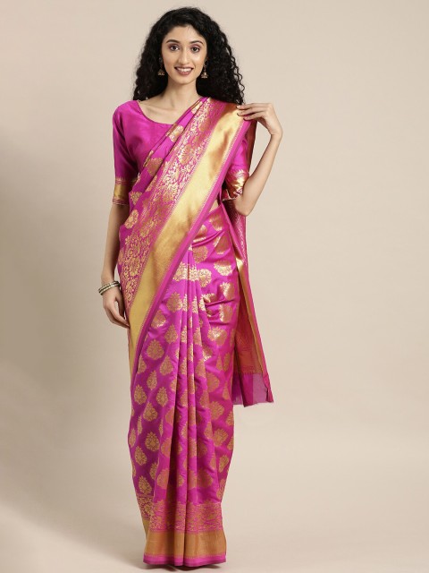 

KALINI Pink & Golden Ethnic Motifs Zari Silk Blend Banarasi Saree