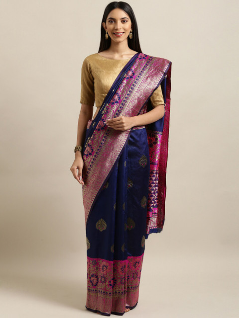 

KALINI Navy Blue & Pink Ethnic Motifs Zari Silk Blend Banarasi Saree