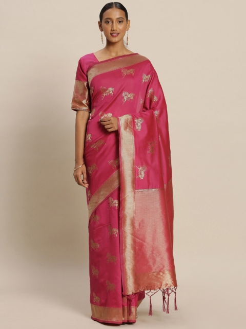 

KALINI Pink & Gold-Toned Ethnic Motifs Zari Silk Blend Banarasi Saree