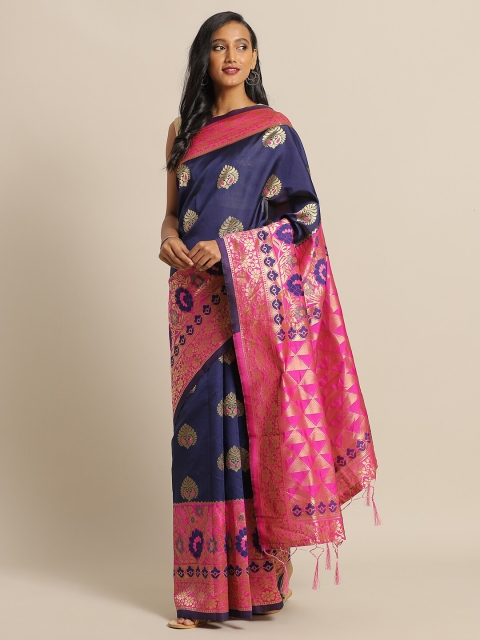 

KALINI Navy Blue & Gold-Toned Ethnic Motifs Zari Silk Blend Banarasi Saree