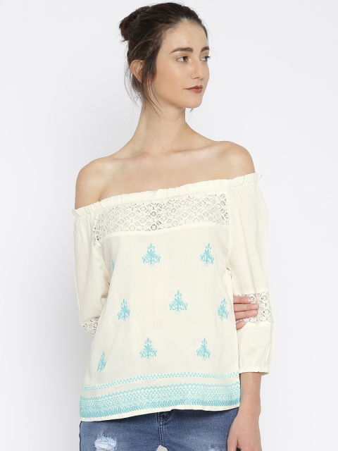 

Fusion Beats Women Off-White Embroidered Bardot Top