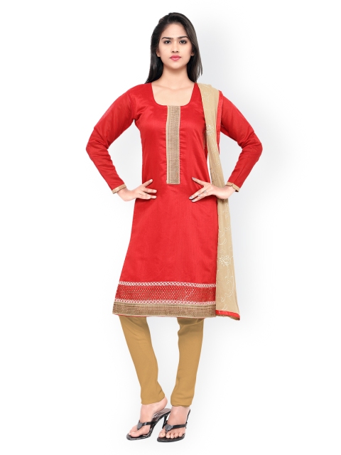 

Saree mall Red & Beige Chanderi Cotton Unstitched Dress Material