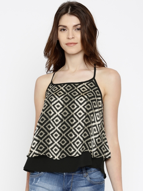 

Fusion Beats Black & Beige Printed A-Line Top