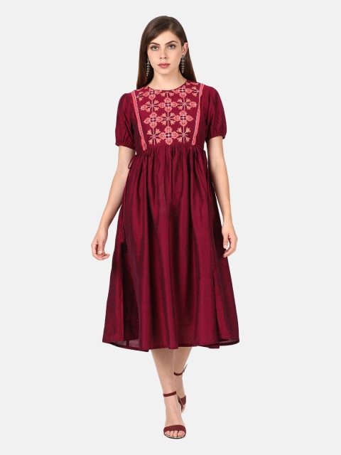 

UNTUNG Maroon Ethnic Motifs Embroidered Cotton Midi Dress