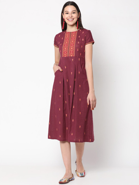 

UNTUNG Maroon Ethnic Motifs Midi Dress