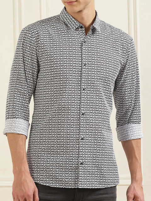 

HUGO Men Black & White Typography Printed Pure Cotton Casual Shirt