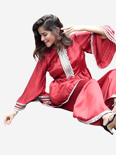 

Alaya By Stage3 Red Pleated Satin Anarkali Kurti