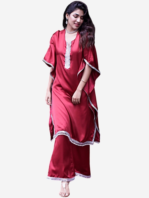 

Alaya By Stage3 Women Red Embellished Flared Sleeves Satin Kaftan Kurta