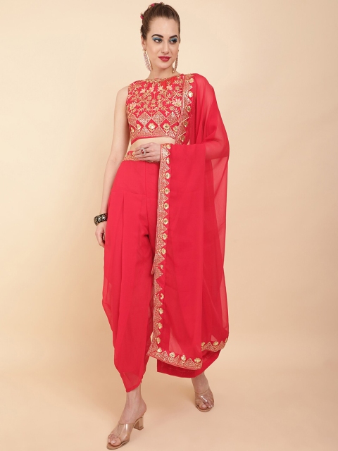 

Sangria Red & Gold-Toned Embroidered Sequined Pure Georgette Dhoti Saree with Belt
