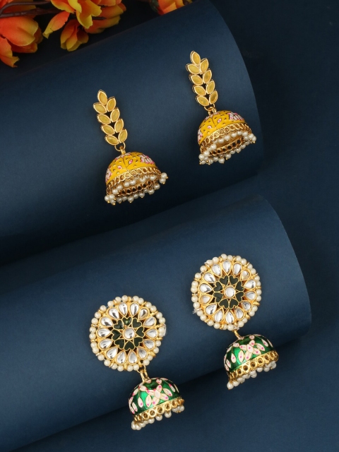 

VIRAASI Pack of 2 Gold-Toned & Yellow Dome Shaped Jhumkas Earrings