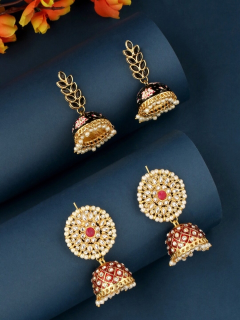 

VIRAASI Set of 2 Meenakari Jhumkas Earrings, Gold
