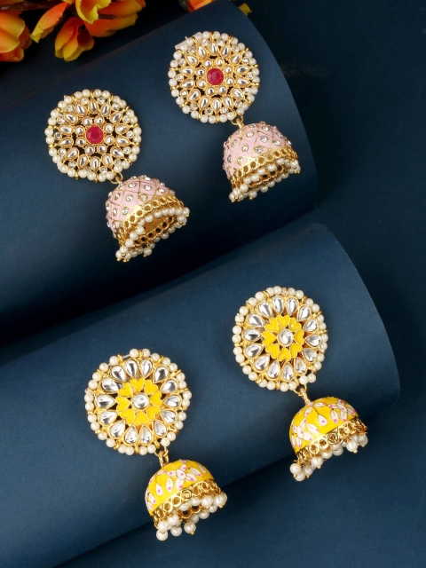 

VIRAASI Pack of 2 Gold-Toned & Pink Dome Shaped Jhumkas Earrings