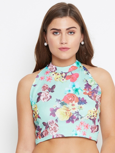 

Castle Lifestyle Women Sea Green Floral Printed Halter Neck Crop Top