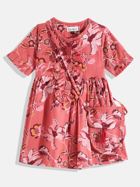 

Bella Moda Girls Red & Mustard Yellow Floral A-Line Dress come with a Bag
