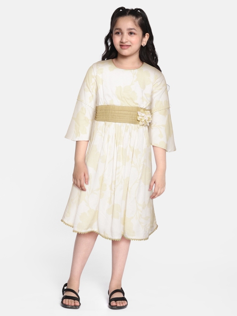 

Bella Moda White & Golden Pre Cotton Floral Print Applique A-Line Dress