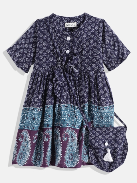 

Bella Moda Girls Navy Blue & White Ethnic Motifs A-Line Dress Comes with Bag