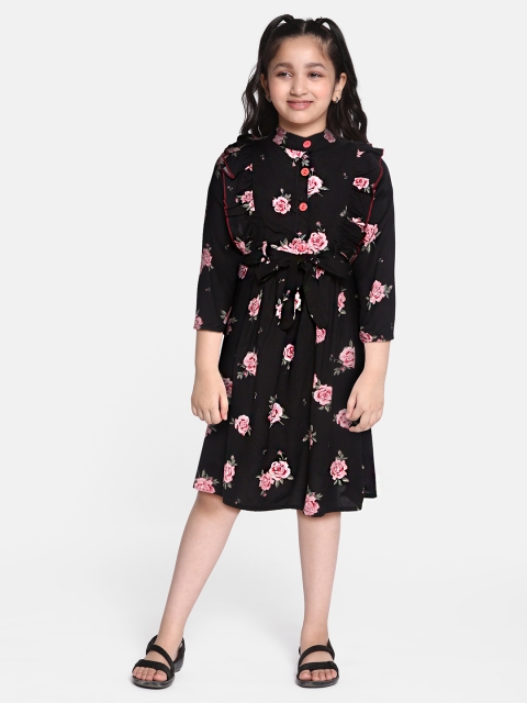 

Bella Moda Black & Pink Pure Cotton Floral Print A-Line Dress